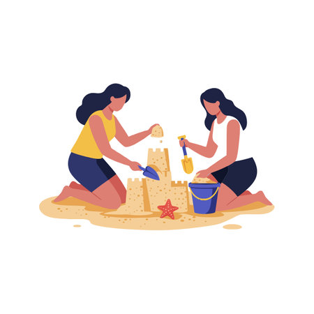 Two women kneel in the sand, crafting a detailed sandcastle together, embodying joy and collaboration under bright sunlight.のイラスト素材