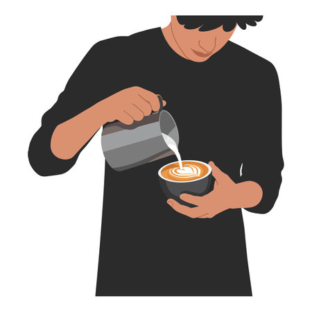 A focused barista in a black shirt creates intricate latte art in a bowl, emphasizing skilled craftsmanship and dedication.のイラスト素材