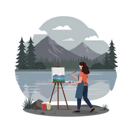 A woman stands by a lake, painting a picturesque mountain scene on her easel, surrounded by lush trees and calm waters.のイラスト素材