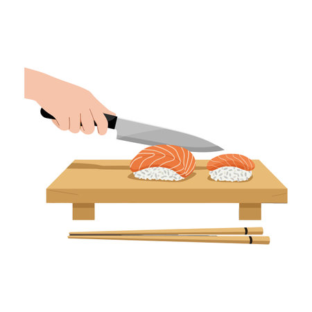 A hand skillfully cuts salmon sushi on a wooden board with chopsticks beside, showing a clean and modern culinary atmosphere.のイラスト素材