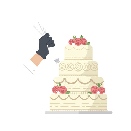 A baker in gloves carefully adds decorative roses to a beautifully crafted wedding cake, showcasing creativity and attention to detail.のイラスト素材