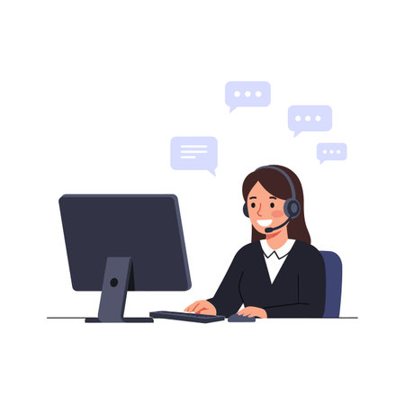A woman in a black outfit smiles while using a computer, actively participating in virtual conversations, creating a positive and interactive atmosphere.のイラスト素材