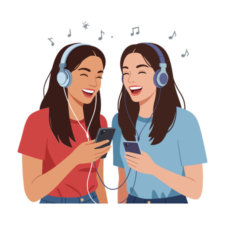 Two smiling women share a moment, listening to music through connected headphones, radiating joy and camaraderie in a vibrant setting.のイラスト素材