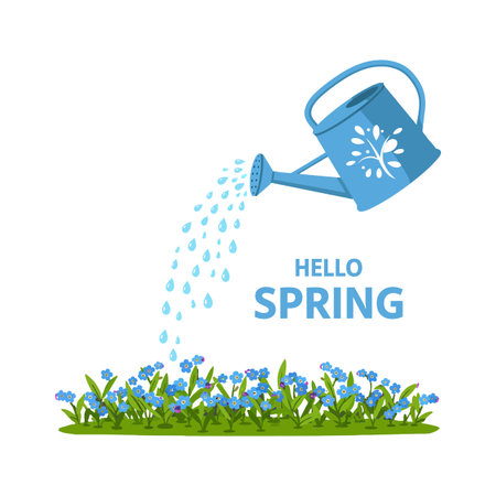 A blue watering can spills water over blooming blue flowers, creating a lively and refreshing spring atmosphere.のイラスト素材