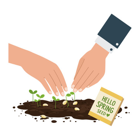 Two hands gently place seeds into dark soil, surrounded by small green sprouts, conveying a sense of growth and nurturing.のイラスト素材