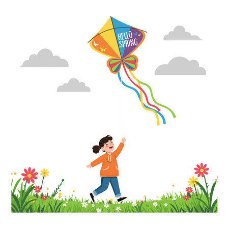 A girl runs with excitement as she flies a bright kite adorned with a spring greeting, surrounded by blooming flowers.のイラスト素材