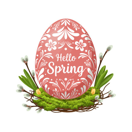 A pink egg adorned with white floral designs sits in a lush green nest, evoking a joyful spring atmosphere.のイラスト素材