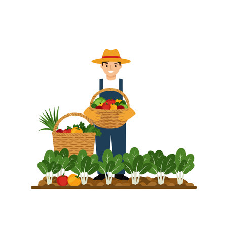 A cheerful farmer stands proudly with a basket of colorful vegetables amidst flourishing greenery in a bright, sunny garden.のイラスト素材