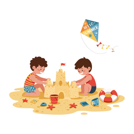 Two children in swim shorts construct a sandcastle, surrounded by beach toys and a vibrant kite flying overhead, evoking a joyful summer atmosphere.のイラスト素材