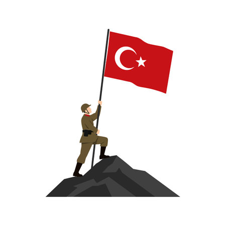A soldier stands victorious on a mountain, holding the Turkish flag high, symbolizing strength and patriotism in a minimalistic style.のイラスト素材