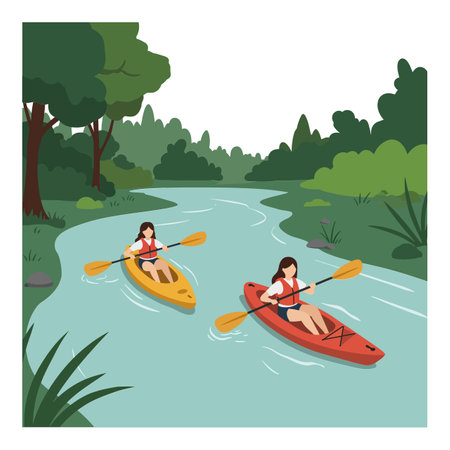 Two women paddle in bright kayaks on a tranquil river, enjoying nature amidst vibrant trees and peaceful surroundings.のイラスト素材