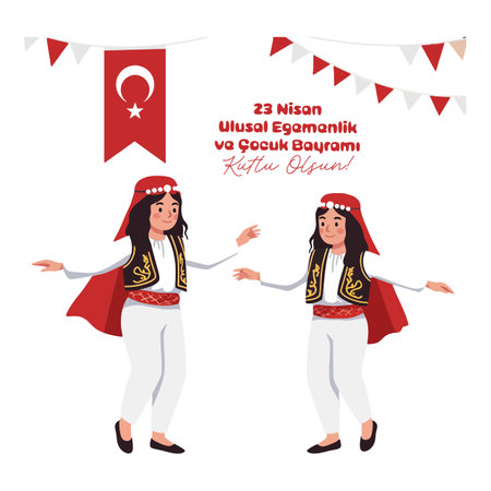 Two children in traditional outfits dancing joyfully, surrounded by festive bunting, celebrating 23 Nisan National Sovereignty and Childrens Day with enthusiasm.のイラスト素材