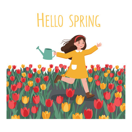 A girl happily runs through a field of tulips, watering flowers while embracing the joyful essence of spring.のイラスト素材