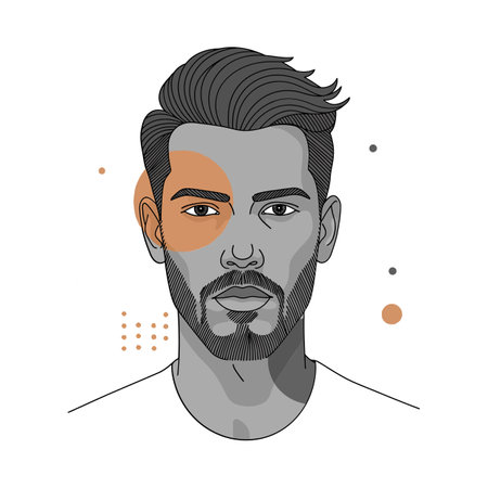 A man with a well-groomed beard and stylish hair gazes confidently, framed by abstract shapes and muted colors.のイラスト素材