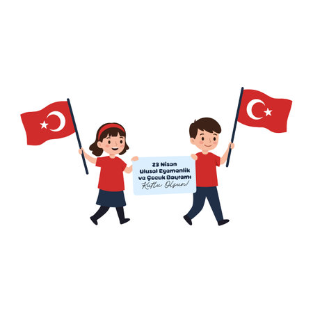 Two kids, a girl and a boy, joyfully walk together, waving Turkish flags and celebrating a national holiday.のイラスト素材