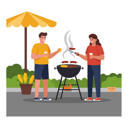 Two people celebrate a sunny day, grilling food and sharing drinks, creating a cheerful and relaxed atmosphere.のイラスト素材