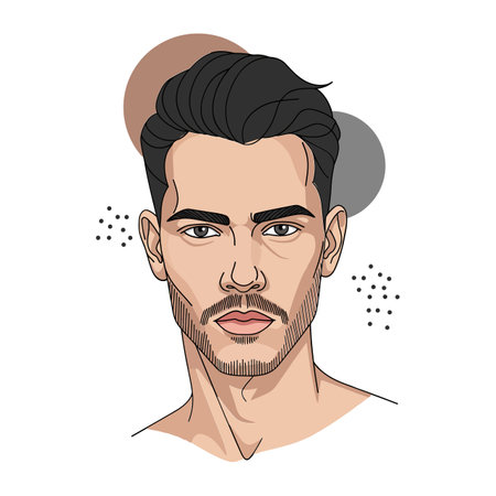 The image showcases a young man with a confident expression, surrounded by simple geometric shapes, creating a modern, stylish atmosphere.のイラスト素材