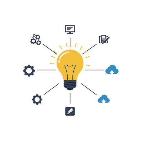 A central light bulb radiates creativity, linked to gears, clouds, and digital tools, representing innovation and technology.のイラスト素材