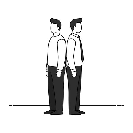 Two men in white shirts and black pants stand back to back, symbolizing teamwork and unity in a professional setting.のイラスト素材