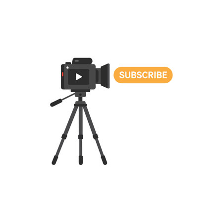 A black camera mounted on a tripod stands beside an eye-catching orange subscribe button, symbolizing online engagement and content creation.のイラスト素材