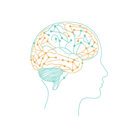 A side profile of a human head showcases a detailed brain with colorful neural pathways, symbolizing...
