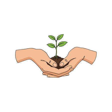 Two hands gently hold a small plant with green leaves, symbolizing nurturing and environmental awareness.のイラスト素材