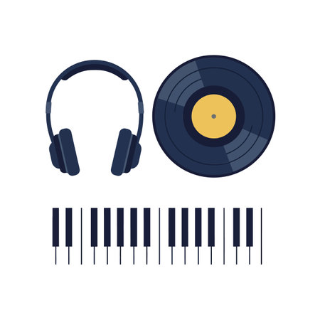 A vinyl record and headphones are paired with piano keys, symbolizing a vibrant musical atmosphere filled with creativity and sound.のイラスト素材