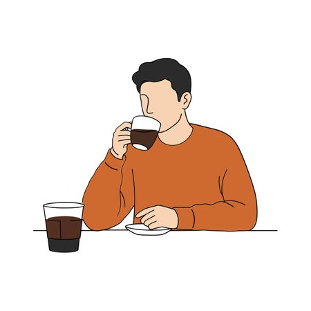 A man sips coffee thoughtfully, with a glass of dark beverage beside him, creating a relaxed and cozy atmosphere.のイラスト素材