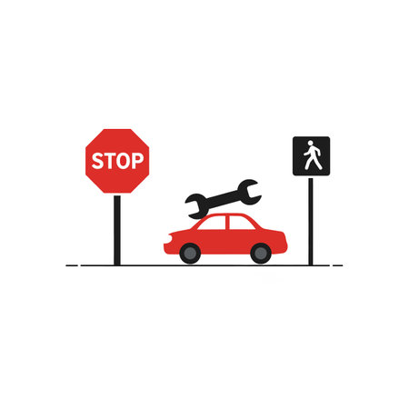 A red car featuring a wrench signifies maintenance, positioned next to a stop sign, conveying a sense of caution and repair urgency.のイラスト素材