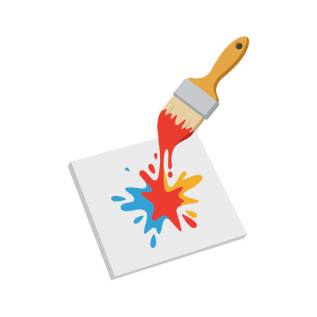 A paintbrush drips red paint onto a white canvas, resulting in a lively splash of blue and yellow hues.のイラスト素材