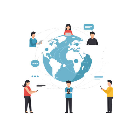 A group of six individuals engaged in digital communication, surrounded by a stylized globe and chat bubbles, conveying a sense of connection.のイラスト素材