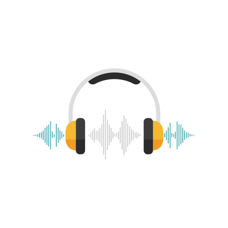 A pair of headphones in black and yellow with sound waves emanating from each side in a lively setting.のイラスト素材