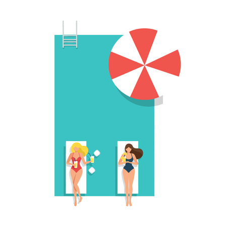 Two women relax on poolside loungers, sipping drinks, enjoying a sunny day beside a turquoise pool.のイラスト素材