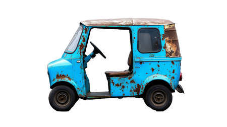 An old blue three-wheeled car showcasing rust and wear, set against a transparent background.の素材