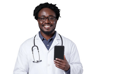 A cheerful doctor presents a smartphone, highlighting healthcare innovation with a transparent background.の素材