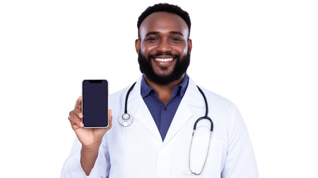 A smiling doctor presents a smartphone, showing a transparent background for versatile use.の素材