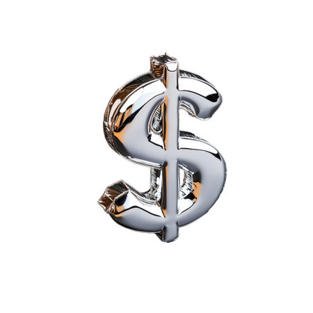 A three-dimensional shiny dollar symbol with a reflective surface on a transparent background.の素材