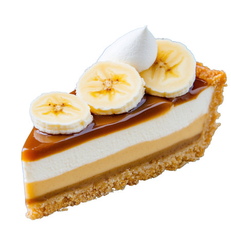 A mouthwatering slice of banana caramel cheesecake topped with fresh banana slices and whipped cream, set against a transparent background. Perfect for dessert lovers and sweet treat enthusiasts.の素材