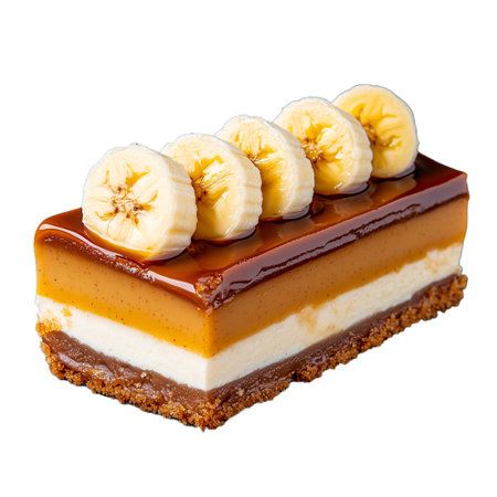 A mouthwatering slice of layered cheesecake featuring banana and caramel layers, displayed on a transparent background, ideal for dessert lovers and culinary presentations.の素材