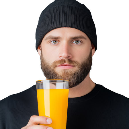 A bearded young man wearing a black beanie holds a glass of orange juice. The image emphasizes freshness and modern lifestyle against a transparent background.の素材