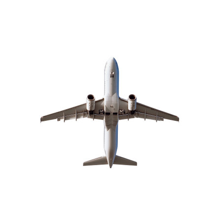 Top view of a commercial airplane flying on a transparent background, illustrating travel, aviation, and modern transportation. Perfect for concepts related to flight and aerodynamics.の素材