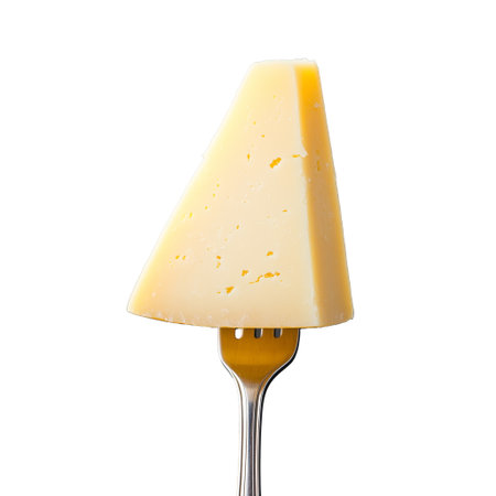 A triangular slice of yellow cheese is artfully perched on a shiny fork, isolated on a transparent background. Perfect for culinary, dairy, and cuisine-related themes.の素材