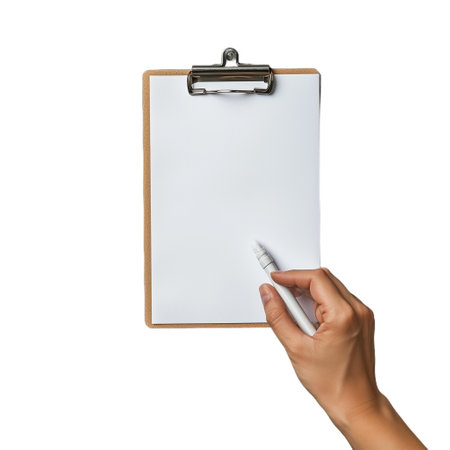 A hand holds a clipboard with blank paper and a pen on a transparent background, symbolizing creativity and planning. Ideal for concepts related to writing, organization, and idea development.の素材