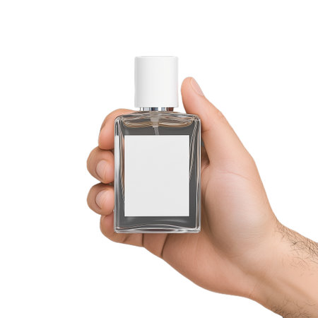A close-up image of a hand holding a sleek perfume bottle with a blank label. The bottle is isolated on a transparent background, showing its elegant design.の素材
