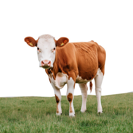 A curious young cow with a brown and white coat stands on a vibrant green pasture. The animal looks directly at the viewer, conveying a sense of innocence and curiosity.の素材