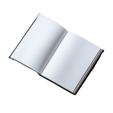 A blank open book with empty pages placed on a transparent background, inviting creativity and imagination. Perfect for writing, sketching, or drawing concepts and projects.の素材