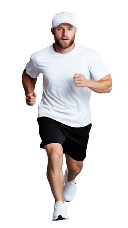 Man running in white t-shirt and cap with focused expression on transparent backgroundの素材