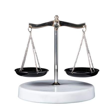 A refined representation of justice, featuring a balanced scale symbolizing fairness and equality, set on a transparent background.の素材