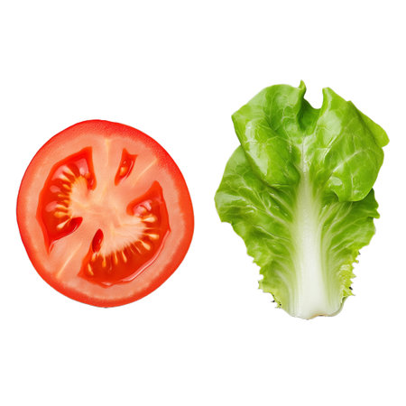 A close-up image of a fresh sliced tomato and a crisp lettuce leaf on a transparent background. Perfect for healthy eating, salad ingredients, or vegan concepts.の素材