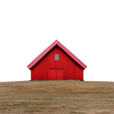 A striking red barn stands prominently on a grassy field. This image captures rural simplicity and rustic charm, set against a transparent background.の素材